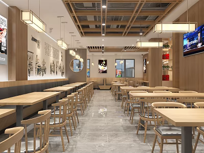 Modern Restaurant Interior With Wooden Tables Chairs Pendant Lights Wall Art And TV 3d model