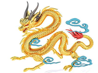 Elaborate Golden Dragon Sculpture with Blue Clouds and Red Tail Accents 3d model