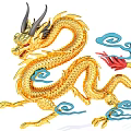 Elaborate Golden Dragon Sculpture with Blue Clouds and Red Tail Accents