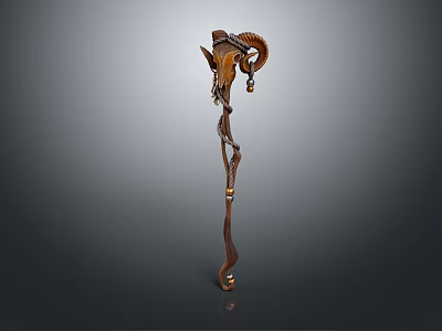 Ornate Horned Weapon With Carved Long Handle And Decorative Antler Design 3d model