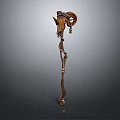 Ornate Horned Weapon With Carved Long Handle And Decorative Antler Design