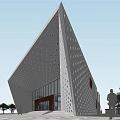 Modern Geometric Building With Perforated Facade Glass Windows And Pedestrians At Entrance