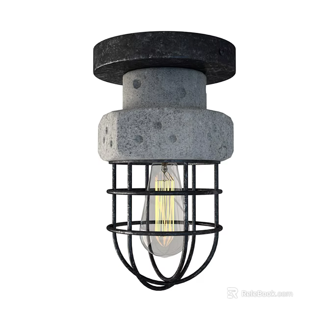 Industrial Style Concrete Ceiling Light With Black Metal Cage And Vintage Filament Bulb 3d model 