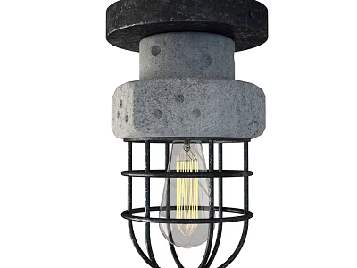 Industrial Style Concrete Ceiling Light With Black Metal Cage And Vintage Filament Bulb 3d model