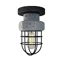 Industrial Style Concrete Ceiling Light With Black Metal Cage And Vintage Filament Bulb