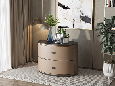 Beige Two Drawer Bedside Table With Circular Top Blue Vase Green Plants Photo Frame Potted Plant 3d model