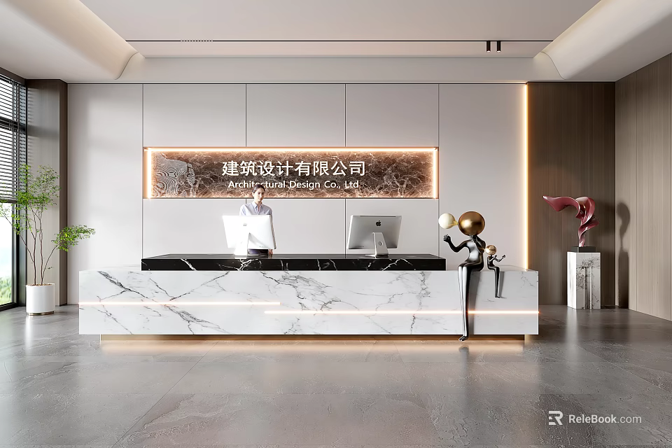 Modern Reception Desk With Marble Countertop And Company Name Sign In Office Interior 3d model 