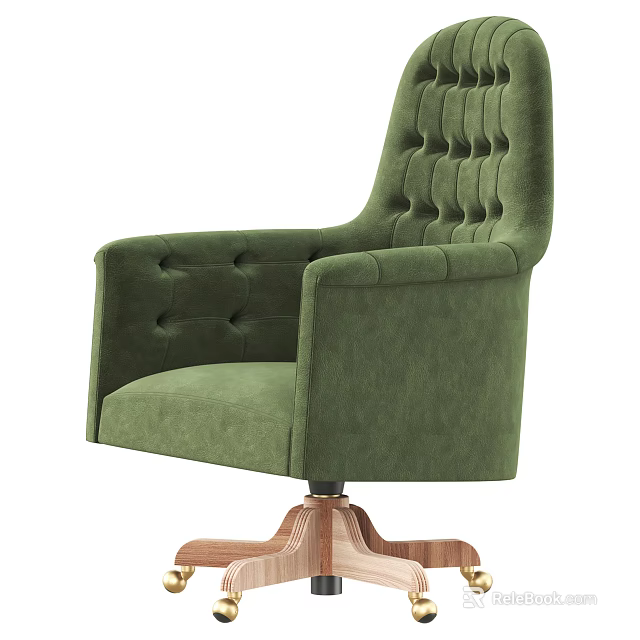 Green Office Chair With Tufted Backrest Armrests And Wooden Base 3d model 