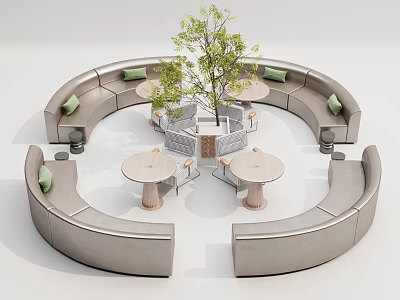 Unique Shaped Sofa Lounge Setup With Round Tables Green Plant And Green Cushions 3d model