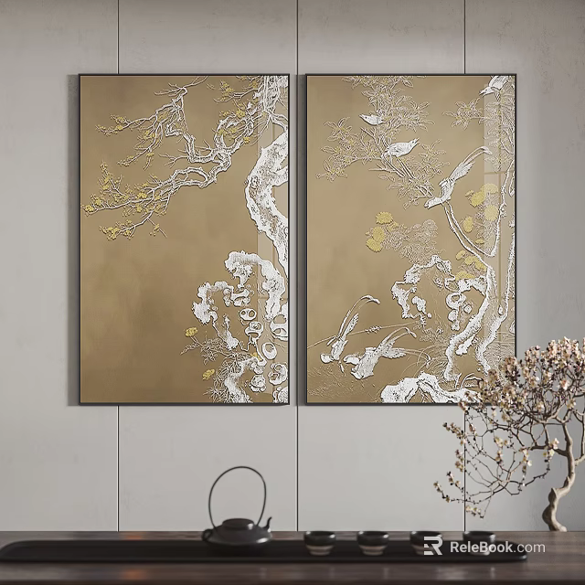 Modern Two Panel Wall Art With Golden Background White Branches Birds And Plum Blossoms 3d model