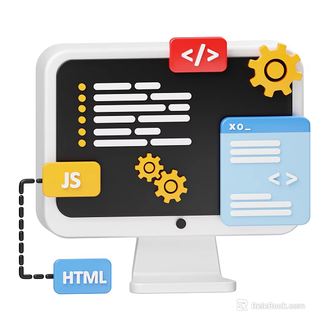 Computer Programming Setup With JavaScript HTML Coding Files And Gears 3d model 