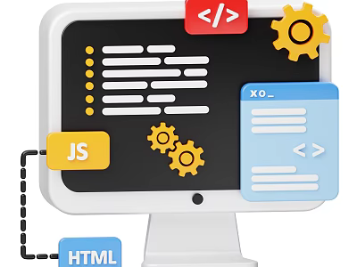 Computer Programming Setup With JavaScript HTML Coding Files And Gears 3d model