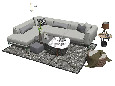 Modern Sofa And Coffee Table Combination With Grey Cushions Textured Rug And Ottoman 3d model