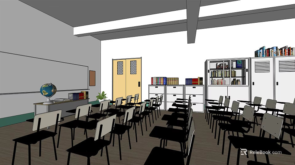 School Classroom Learning Space With Desks Chairs Blackboard Bookshelves And Globe 3d model 