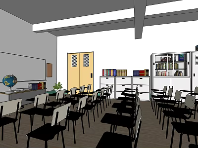 School Classroom Learning Space With Desks Chairs Blackboard Bookshelves And Globe 3d model