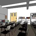 School Classroom Learning Space With Desks Chairs Blackboard Bookshelves And Globe