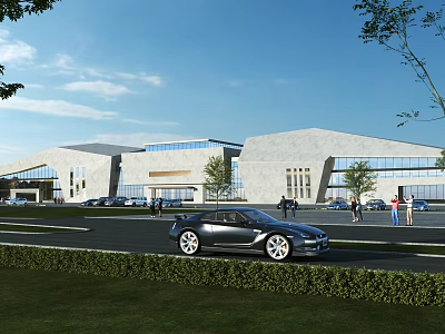 Modern Visitor Center Architecture With Glass Facade Landscaped Gardens And Parking Area 3d model