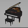 Black Grand Piano With Open Lid Wooden Bench And Metal Strings