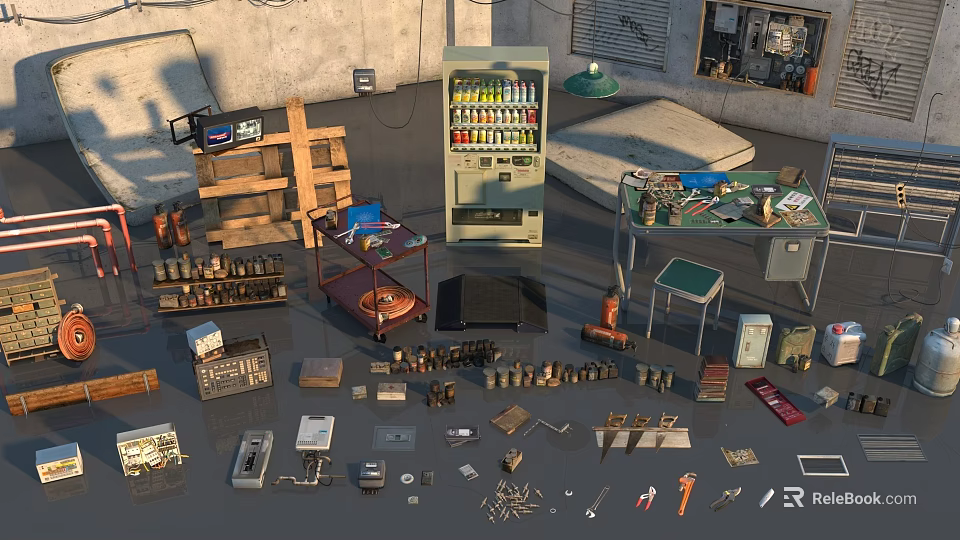 Various Miscellaneous Items Collection With Tools Shelves Boxes And Vending Machine 3d model 