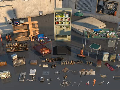 Various Miscellaneous Items Collection With Tools Shelves Boxes And Vending Machine 3d model