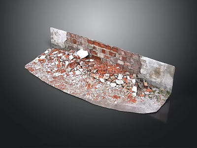 Damaged Brick Wall With Scattered Bricks Debris And Concrete Base 3d model
