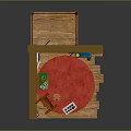 Art Studio Room Setup With Easel Green Table Red Rug And Blue Cabinet