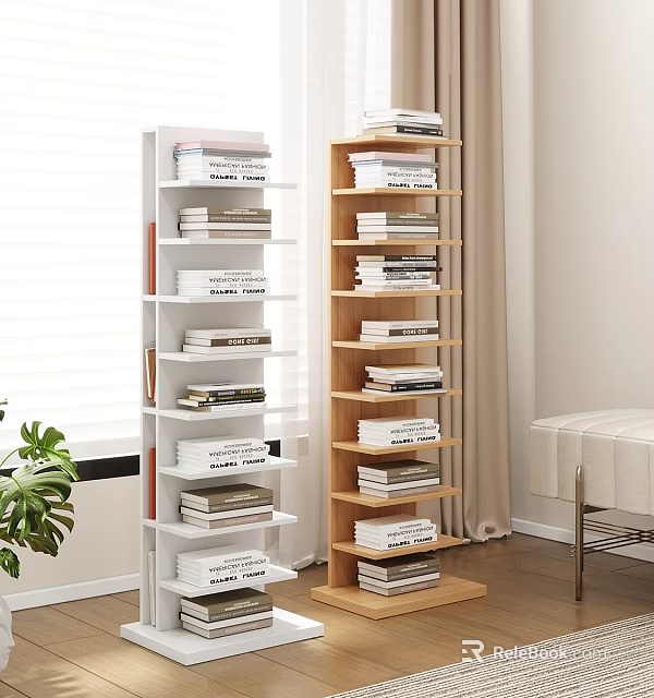 Modern Open Bookcase With Multiple Shelves Filled With Books Green Plant And Natural Light 3d model 
