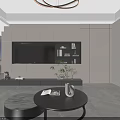 Bright Modern Living And Dining Room Interior With Full TV Wall And Round Coffee Tables