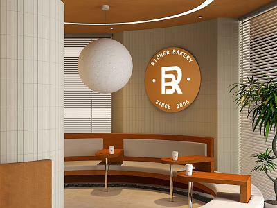 Cozy Bubble Tea Shop Interior With Round Bakery Sign Booth Seating And Pendant Light 3d model
