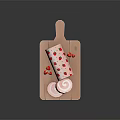 Strawberry Pattern Cake Roll On Wooden Tray With Sliced Pieces And Fresh Strawberries