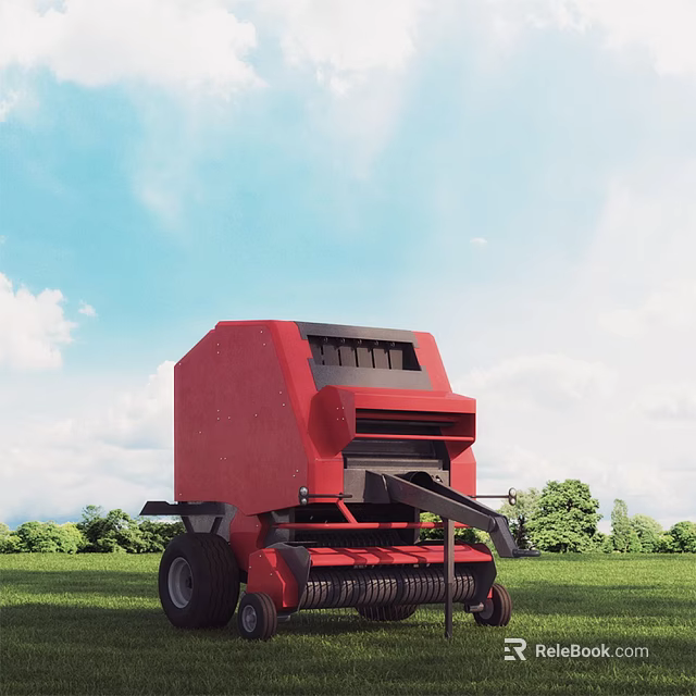 Red Agricultural Functional Vehicle Baler In Green Grass Field With Trees Blue Sky White Clouds 3d model 
