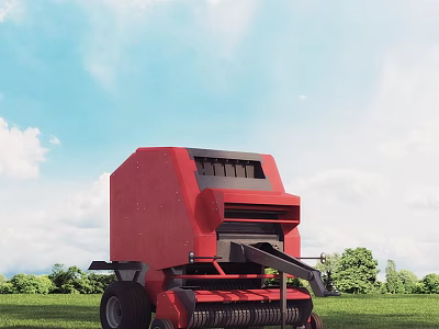 Red Agricultural Functional Vehicle Baler In Green Grass Field With Trees Blue Sky White Clouds 3d model