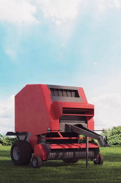 Red Agricultural Functional Vehicle Baler In Green Grass Field With Trees Blue Sky White Clouds 3d model