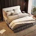 Modern Double Bed in Stylish Bedroom with Pillows Comforter Nightstand Lamp Rug and Window View