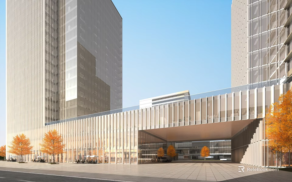 Modern Hotel Building With Glass Curtain Walls Entrance Lobby Plaza And Trees 3d model 