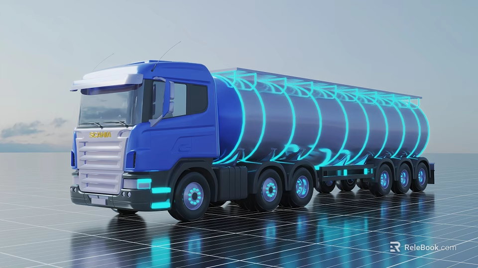 Modern Blue Tanker Truck With Illuminated Lines And Futuristic Wheel Design 3d model 