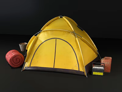 Yellow Camping Tent With Rolled Sleeping Bag Metal Bucket And Gear 3d model