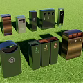 Public Facilities Featuring Various Trash Bins With Different Designs And Colors