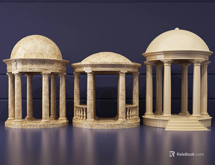 Three Elegant Classical Marble Domed Pavilions With Columns And Architectural Design 3d model 