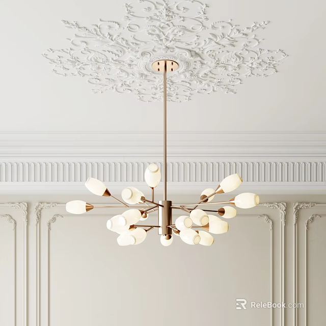 Modern Chandelier With Brass Frame And White Glass Shades Hanging From Decorative Ceiling 3d model 