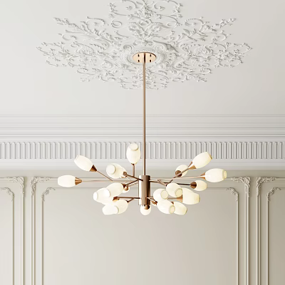 Modern Chandelier With Brass Frame And White Glass Shades Hanging From Decorative Ceiling 3d model