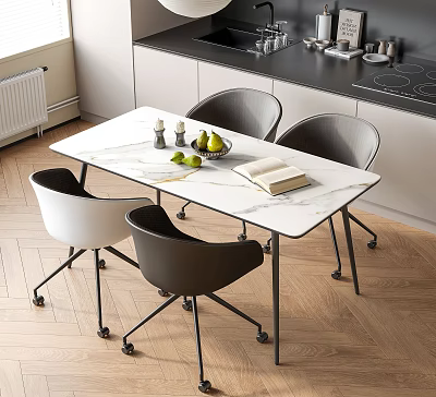 Modern Kitchen Dining Table And Chairs Set With Marble Top Black White Chairs Fruits Book 3d model