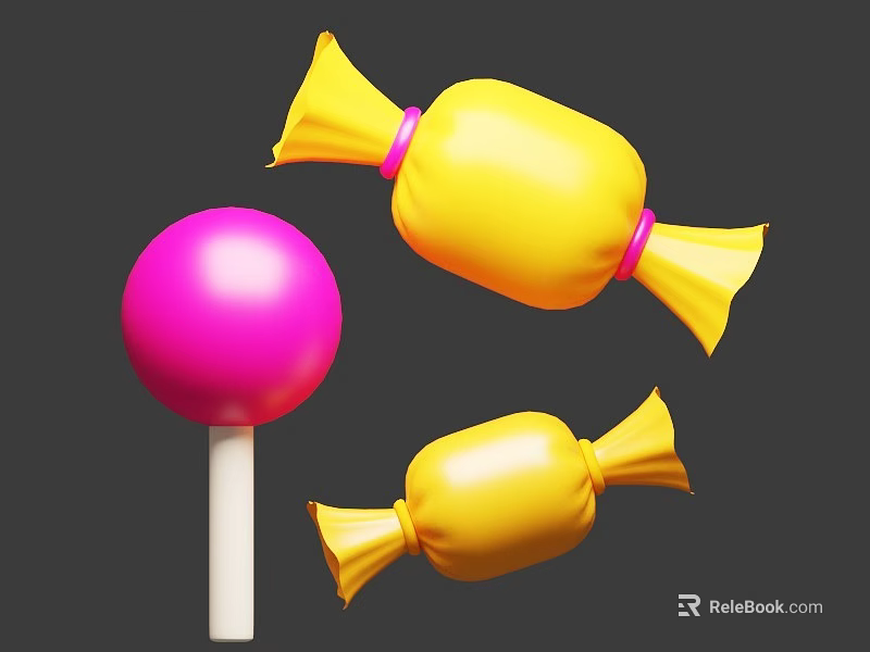 Colorful Candy Collection With Pink Lollipop And Yellow Sweet Treats On Dark Background 3d model 