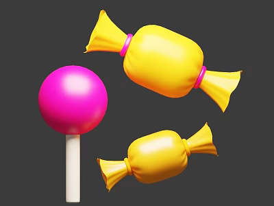 Colorful Candy Collection With Pink Lollipop And Yellow Sweet Treats On Dark Background 3d model