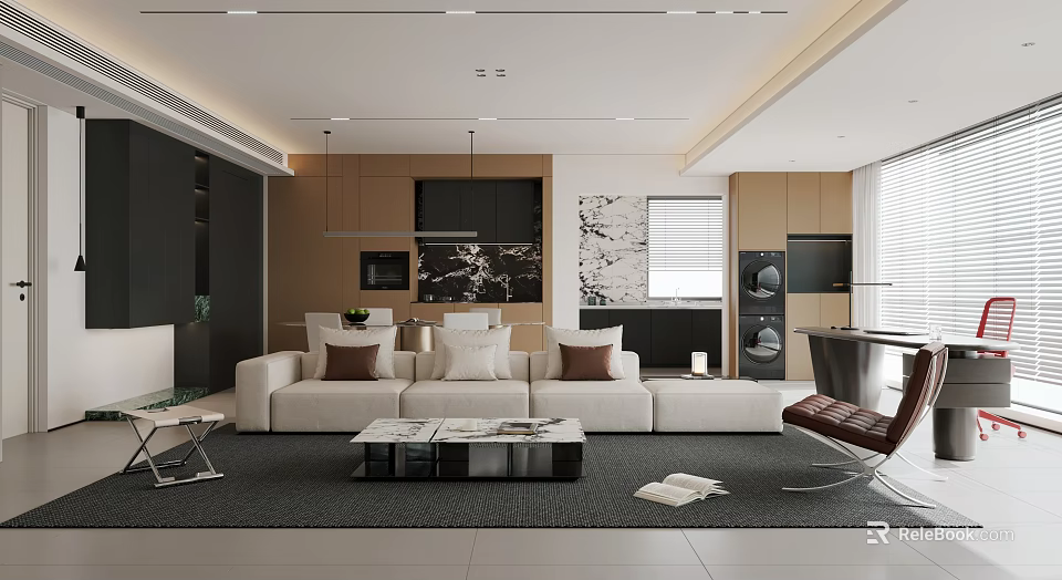 Modern Living Dining Room Interior With Large Sofa Coffee Table And Pendant Lights 3d model 