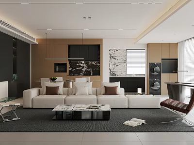Modern Living Dining Room Interior With Large Sofa Coffee Table And Pendant Lights 3d model