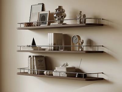 Wall Mounted Wooden Shelves With Photo Frames Vases Books And Decorative Items 3d model
