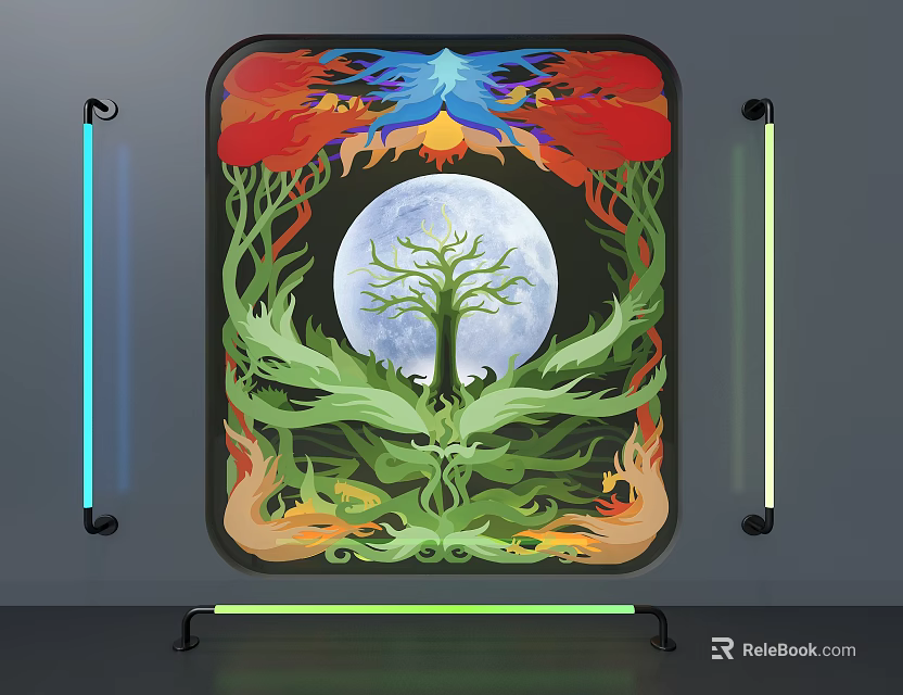 Vibrant Window Display With Colorful Phoenix Full Moon Green Tree And Neon Light Tubes 3d model 