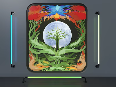 Vibrant Window Display With Colorful Phoenix Full Moon Green Tree And Neon Light Tubes 3d model