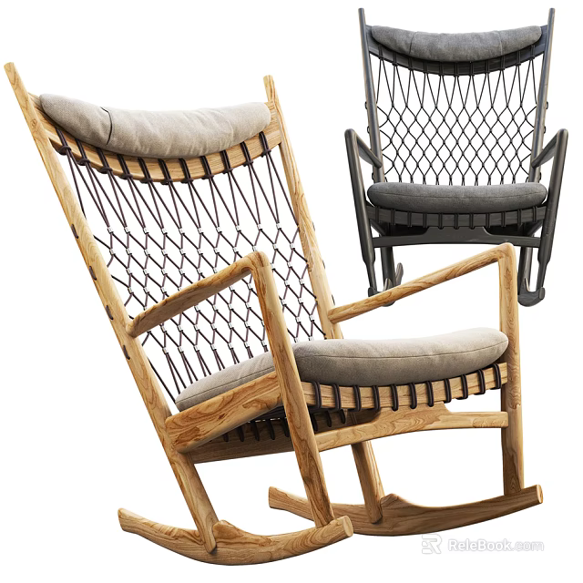 Wooden Frame Rocking Leisure Chair With Woven Pattern And Gray Cushion 3d model 